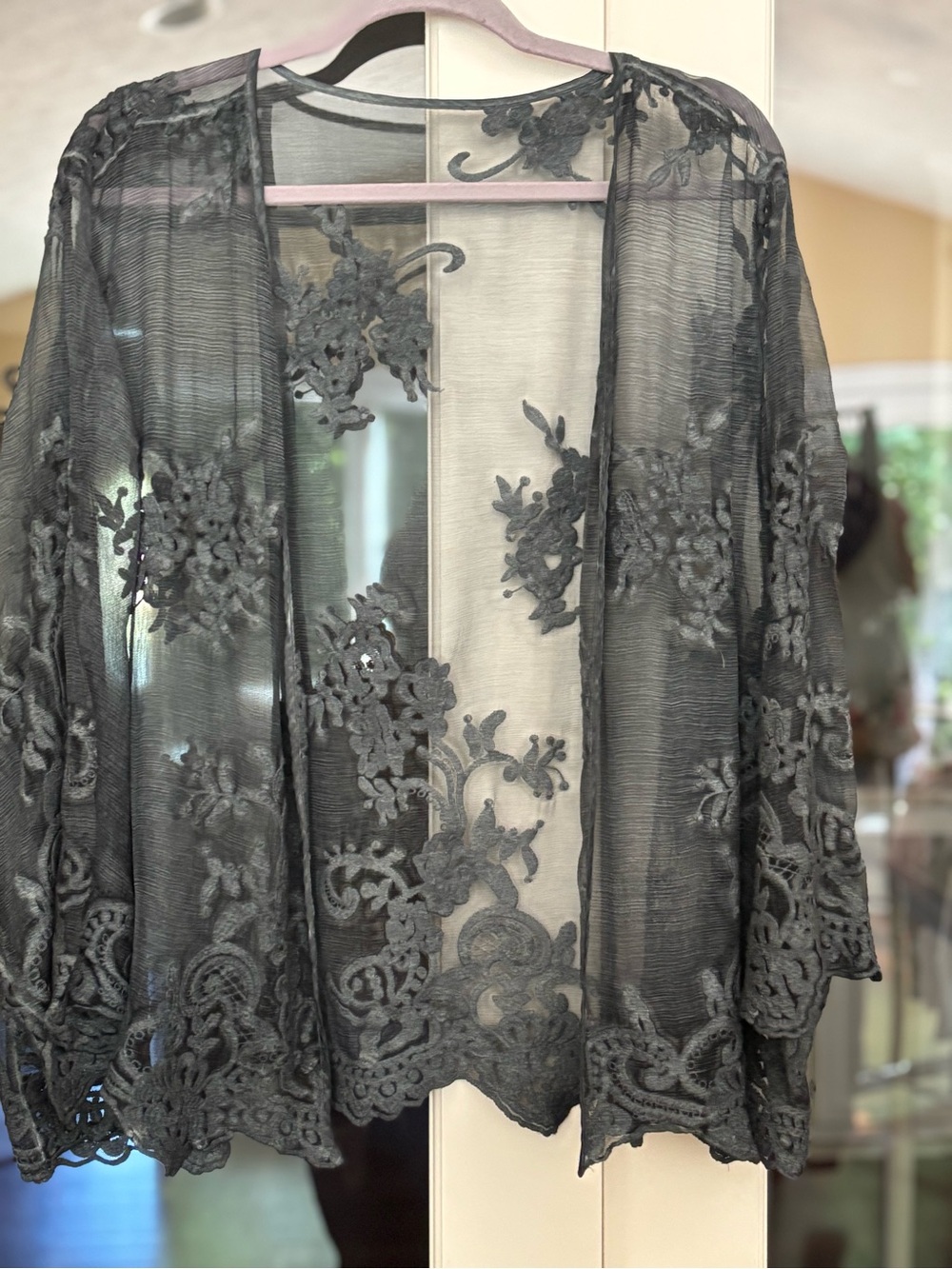 Sheer Silk Black Floral Embroidered Kimono Cardigan, Vintage